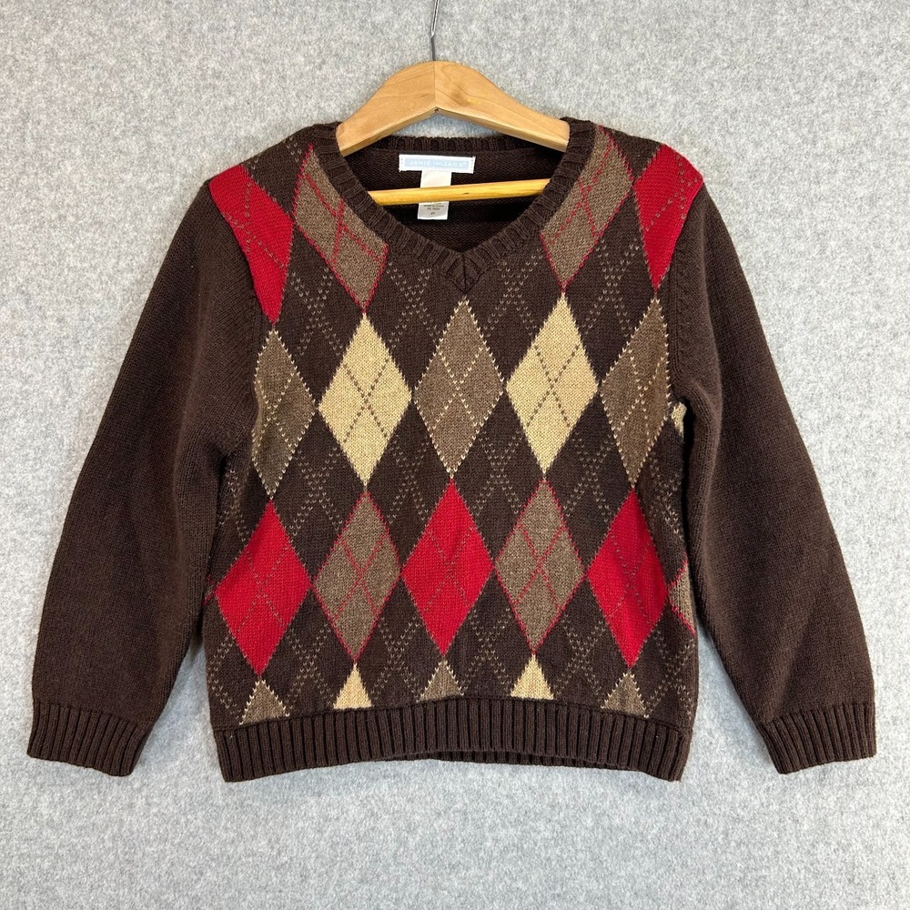Janie and Jack Chocolate Brown Red Argyle Sweater Holiday Christmas Boys Size 4T